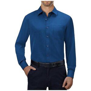 Mens Dress Shirts 4-Way Stretch Long Sleeve Collared Casual Dark Blue